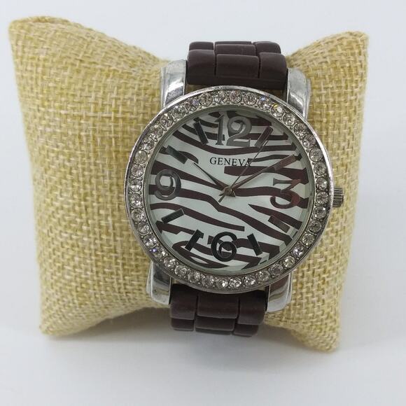 Geneva Chocolate Brown Wristwatch Zebra Animal Print Rhinestone Silicon Rubber - Picture 4 of 9